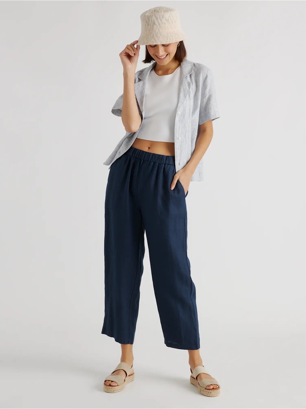 Quince Navy Elastic-Waist Wide-Leg Pants - size XS